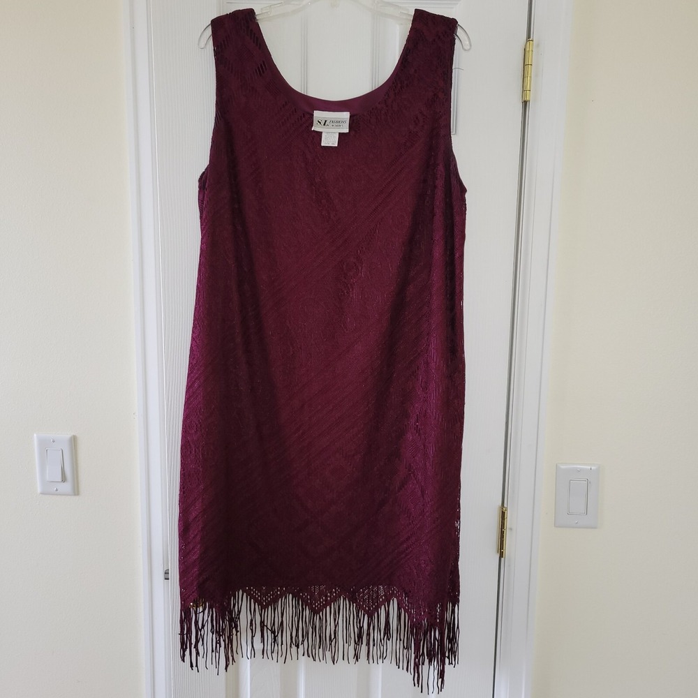 Womens 2pc Dress Set Burgundy Sheath Lace Fringe Size 20W Formal Goth Vamp - Picture 2 of 16